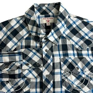 True Religion Mens M Plaid Embroidered Long Sleeve Button Up Woven Western Shirt